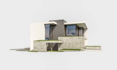 Otoparkı ve havuzu satılık ya da kiralık, beton cepheli ve arka planda güzel peyzajlı üç boyutlu çatı evi. Beyazda izole edilmiş