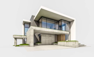 Otoparkı ve havuzu satılık ya da kiralık, beton cepheli ve arka planda güzel peyzajlı üç boyutlu çatı evi. Beyazda izole edilmiş