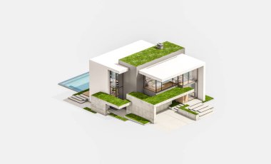 Otoparkı ve havuzu satılık ya da kiralık, beton cepheli ve arka planda güzel peyzajlı üç boyutlu çatı evi. Beyazda izole edilmiş