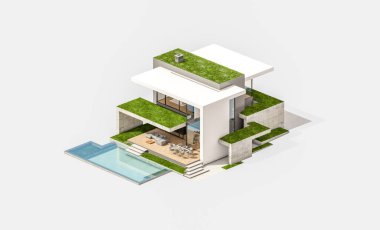 Otoparkı ve havuzu satılık ya da kiralık, beton cepheli ve arka planda güzel peyzajlı üç boyutlu çatı evi. Beyazda izole edilmiş