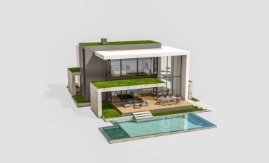 Otoparkı ve havuzu satılık ya da kiralık, beton cepheli ve arka planda güzel peyzajlı üç boyutlu çatı evi. Beyazda izole edilmiş