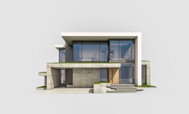 Otoparkı ve havuzu satılık ya da kiralık, beton cepheli ve arka planda güzel peyzajlı üç boyutlu çatı evi. Beyazda izole edilmiş