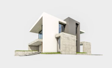 Otoparkı ve havuzu satılık ya da kiralık, beton cepheli ve arka planda güzel peyzajlı üç boyutlu çatı evi. Beyazda izole edilmiş