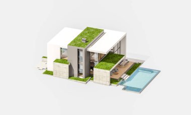 Otoparkı ve havuzu satılık ya da kiralık, beton cepheli ve arka planda güzel peyzajlı üç boyutlu çatı evi. Beyazda izole edilmiş