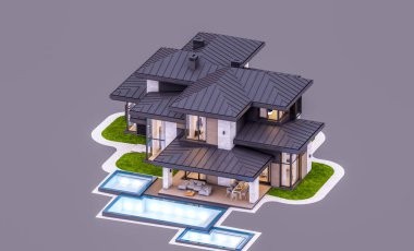 Gri ahşap aksanlı, geniş pencereli, otoparklı modern iki katlı bir ev. Akşamları gri renkte izole edilmiş.