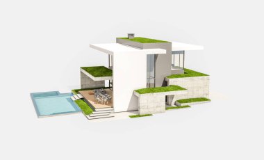 Otoparkı ve havuzu satılık ya da kiralık, beton cepheli ve arka planda güzel peyzajlı üç boyutlu çatı evi. Beyazda izole edilmiş