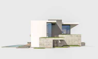 Otoparkı ve havuzu satılık ya da kiralık, beton cepheli ve arka planda güzel peyzajlı üç boyutlu çatı evi. Beyazda izole edilmiş