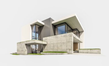Otoparkı ve havuzu satılık ya da kiralık, beton cepheli ve arka planda güzel peyzajlı üç boyutlu çatı evi. Beyazda izole edilmiş