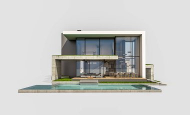 Otoparkı ve havuzu satılık ya da kiralık, beton cepheli ve arka planda güzel peyzajlı üç boyutlu çatı evi. Beyazda izole edilmiş