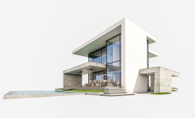 Otoparkı ve havuzu satılık ya da kiralık, beton cepheli ve arka planda güzel peyzajlı üç boyutlu çatı evi. Beyazda izole edilmiş