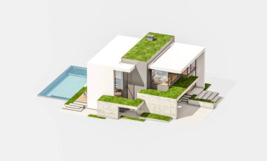 Otoparkı ve havuzu satılık ya da kiralık, beton cepheli ve arka planda güzel peyzajlı üç boyutlu çatı evi. Beyazda izole edilmiş