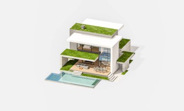 Otoparkı ve havuzu satılık ya da kiralık, beton cepheli ve arka planda güzel peyzajlı üç boyutlu çatı evi. Beyazda izole edilmiş