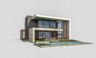 Otoparkı ve havuzu satılık ya da kiralık, beton cepheli ve arka planda güzel peyzajlı üç boyutlu çatı evi. Beyazda izole edilmiş
