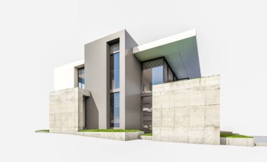 Otoparkı ve havuzu satılık ya da kiralık, beton cepheli ve arka planda güzel peyzajlı üç boyutlu çatı evi. Beyazda izole edilmiş