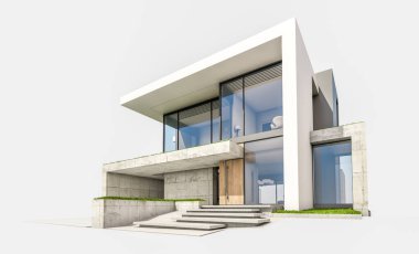 Otoparkı ve havuzu satılık ya da kiralık, beton cepheli ve arka planda güzel peyzajlı üç boyutlu çatı evi. Beyazda izole edilmiş