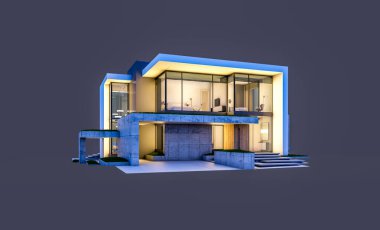 Otoparkı ve havuzu satılık ya da kiralık, beton cepheli ve arka planda güzel peyzajlı üç boyutlu çatı evi. Gece karanlığında izole