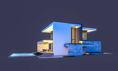 Otoparkı ve havuzu satılık ya da kiralık, beton cepheli ve arka planda güzel peyzajlı üç boyutlu çatı evi. Gece karanlığında izole