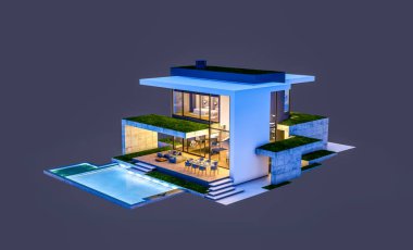 Otoparkı ve havuzu satılık ya da kiralık, beton cepheli ve arka planda güzel peyzajlı üç boyutlu çatı evi. Gece karanlığında izole