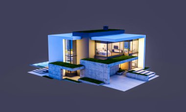 Otoparkı ve havuzu satılık ya da kiralık, beton cepheli ve arka planda güzel peyzajlı üç boyutlu çatı evi. Gece karanlığında izole