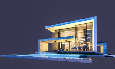 Otoparkı ve havuzu satılık ya da kiralık, beton cepheli ve arka planda güzel peyzajlı üç boyutlu çatı evi. Gece karanlığında izole