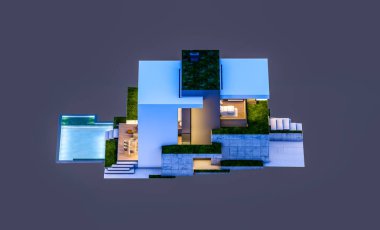 Otoparkı ve havuzu satılık ya da kiralık, beton cepheli ve arka planda güzel peyzajlı üç boyutlu çatı evi. Gece karanlığında izole