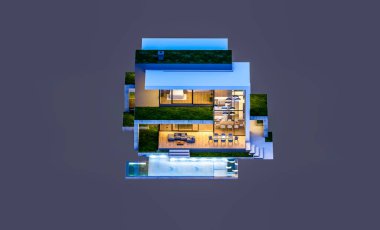 Otoparkı ve havuzu satılık ya da kiralık, beton cepheli ve arka planda güzel peyzajlı üç boyutlu çatı evi. Gece karanlığında izole