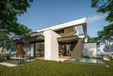 Otoparkı ve havuzu satılık ya da kiralık iki katlı evin beton cepheli ve arka planda güzel bir peyzajı var. Mavi gökyüzü açık güneşli bir yaz günü.