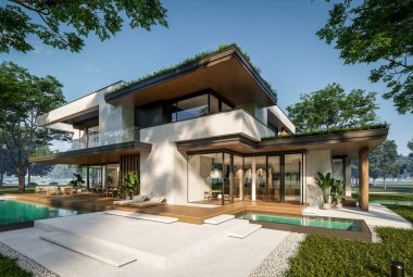 Otoparkı ve havuzu satılık ya da kiralık iki katlı evin beton cepheli ve arka planda güzel bir peyzajı var. Mavi gökyüzü açık güneşli bir yaz günü.