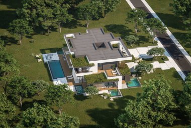 Otoparkı ve havuzu satılık ya da kiralık iki katlı evin beton cepheli ve arka planda güzel bir peyzajı var. Mavi gökyüzü açık güneşli bir yaz günü.