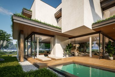 Otoparkı ve havuzu satılık ya da kiralık iki katlı evin beton cepheli ve arka planda güzel bir peyzajı var. Mavi gökyüzü açık güneşli bir yaz günü.