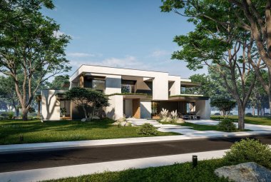 Otoparkı ve havuzu satılık ya da kiralık iki katlı evin beton cepheli ve arka planda güzel bir peyzajı var. Mavi gökyüzü açık güneşli bir yaz günü.