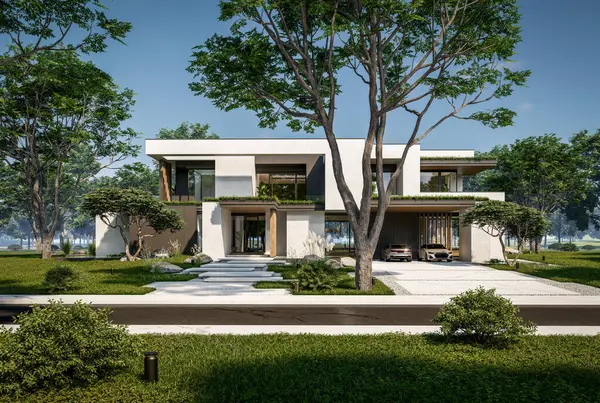 Otoparkı ve havuzu satılık ya da kiralık iki katlı evin beton cepheli ve arka planda güzel bir peyzajı var. Mavi gökyüzü açık güneşli bir yaz günü.