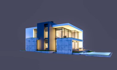 Otoparkı ve havuzu satılık ya da kiralık, beton cepheli ve arka planda güzel peyzajlı üç boyutlu çatı evi. Gece karanlığında izole