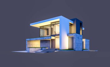 Otoparkı ve havuzu satılık ya da kiralık, beton cepheli ve arka planda güzel peyzajlı üç boyutlu çatı evi. Gece karanlığında izole