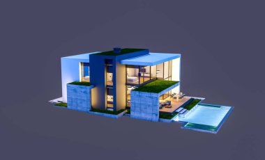 Otoparkı ve havuzu satılık ya da kiralık, beton cepheli ve arka planda güzel peyzajlı üç boyutlu çatı evi. Gece karanlığında izole