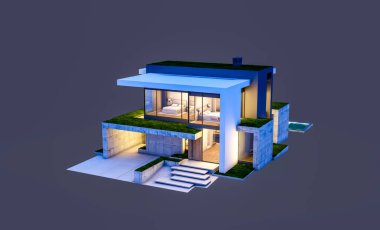 Otoparkı ve havuzu satılık ya da kiralık, beton cepheli ve arka planda güzel peyzajlı üç boyutlu çatı evi. Gece karanlığında izole