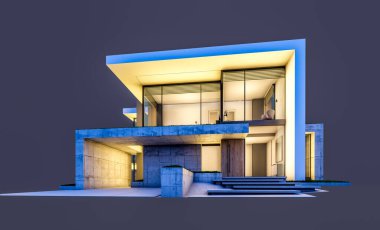 Otoparkı ve havuzu satılık ya da kiralık, beton cepheli ve arka planda güzel peyzajlı üç boyutlu çatı evi. Gece karanlığında izole