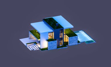 Otoparkı ve havuzu satılık ya da kiralık, beton cepheli ve arka planda güzel peyzajlı üç boyutlu çatı evi. Gece karanlığında izole