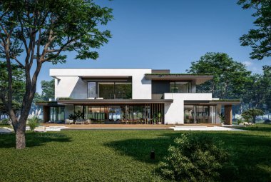 Otoparkı ve havuzu satılık ya da kiralık iki katlı evin beton cepheli ve arka planda güzel bir peyzajı var. Mavi gökyüzü açık güneşli bir yaz günü.