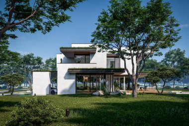 Otoparkı ve havuzu satılık ya da kiralık iki katlı evin beton cepheli ve arka planda güzel bir peyzajı var. Mavi gökyüzü açık güneşli bir yaz günü.