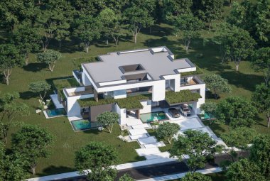 Otoparkı ve havuzu satılık ya da kiralık iki katlı evin beton cepheli ve arka planda güzel bir peyzajı var. Mavi gökyüzü açık güneşli bir yaz günü.