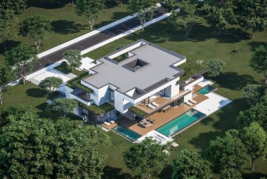 Otoparkı ve havuzu satılık ya da kiralık iki katlı evin beton cepheli ve arka planda güzel bir peyzajı var. Mavi gökyüzü açık güneşli bir yaz günü.