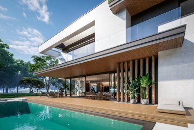 Otoparkı ve havuzu satılık ya da kiralık iki katlı evin beton cepheli ve arka planda güzel bir peyzajı var. Mavi gökyüzü açık güneşli bir yaz günü.