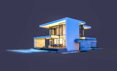 Otoparkı ve havuzu satılık ya da kiralık, beton cepheli ve arka planda güzel peyzajlı üç boyutlu çatı evi. Gece karanlığında izole