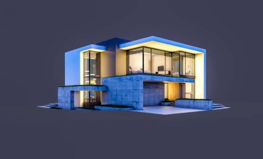 Otoparkı ve havuzu satılık ya da kiralık, beton cepheli ve arka planda güzel peyzajlı üç boyutlu çatı evi. Gece karanlığında izole