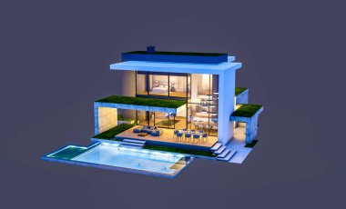 Otoparkı ve havuzu satılık ya da kiralık, beton cepheli ve arka planda güzel peyzajlı üç boyutlu çatı evi. Gece karanlığında izole