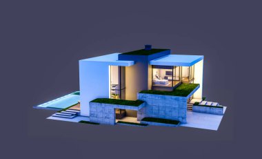 Otoparkı ve havuzu satılık ya da kiralık, beton cepheli ve arka planda güzel peyzajlı üç boyutlu çatı evi. Gece karanlığında izole