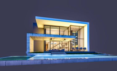 Otoparkı ve havuzu satılık ya da kiralık, beton cepheli ve arka planda güzel peyzajlı üç boyutlu çatı evi. Gece karanlığında izole