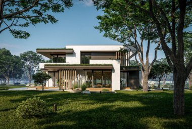 Otoparkı ve havuzu satılık ya da kiralık iki katlı evin beton cepheli ve arka planda güzel bir peyzajı var. Mavi gökyüzü açık güneşli bir yaz günü.