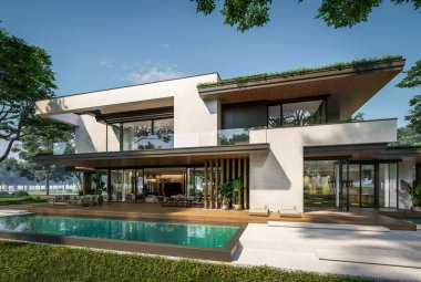 Otoparkı ve havuzu satılık ya da kiralık iki katlı evin beton cepheli ve arka planda güzel bir peyzajı var. Mavi gökyüzü açık güneşli bir yaz günü.